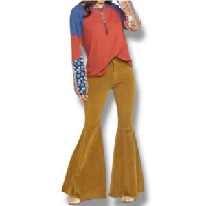 Free People Just Float On Mustard Yellow Corduroy Flare Pants Bell Bottoms Sz 25